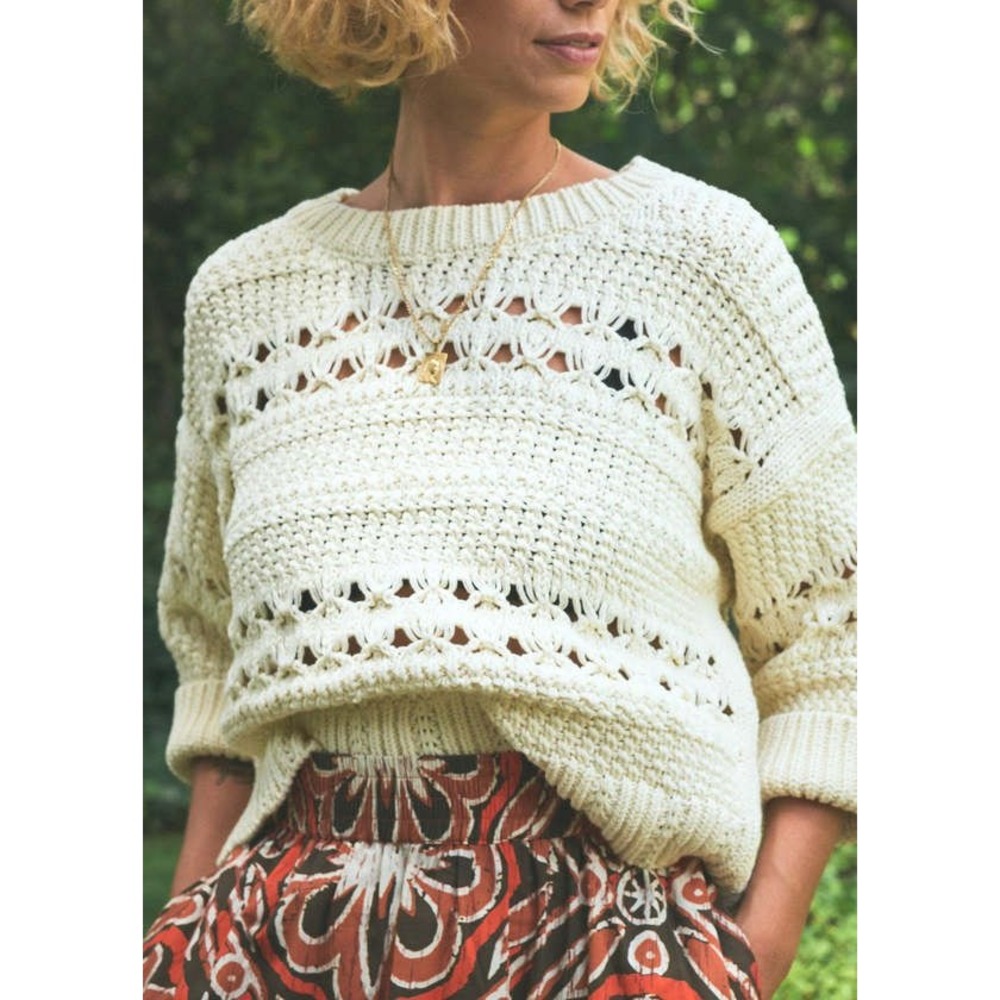 THE ODELLS Alana Pullover Ivory Chunky Open Knit Cotton Sweater XS